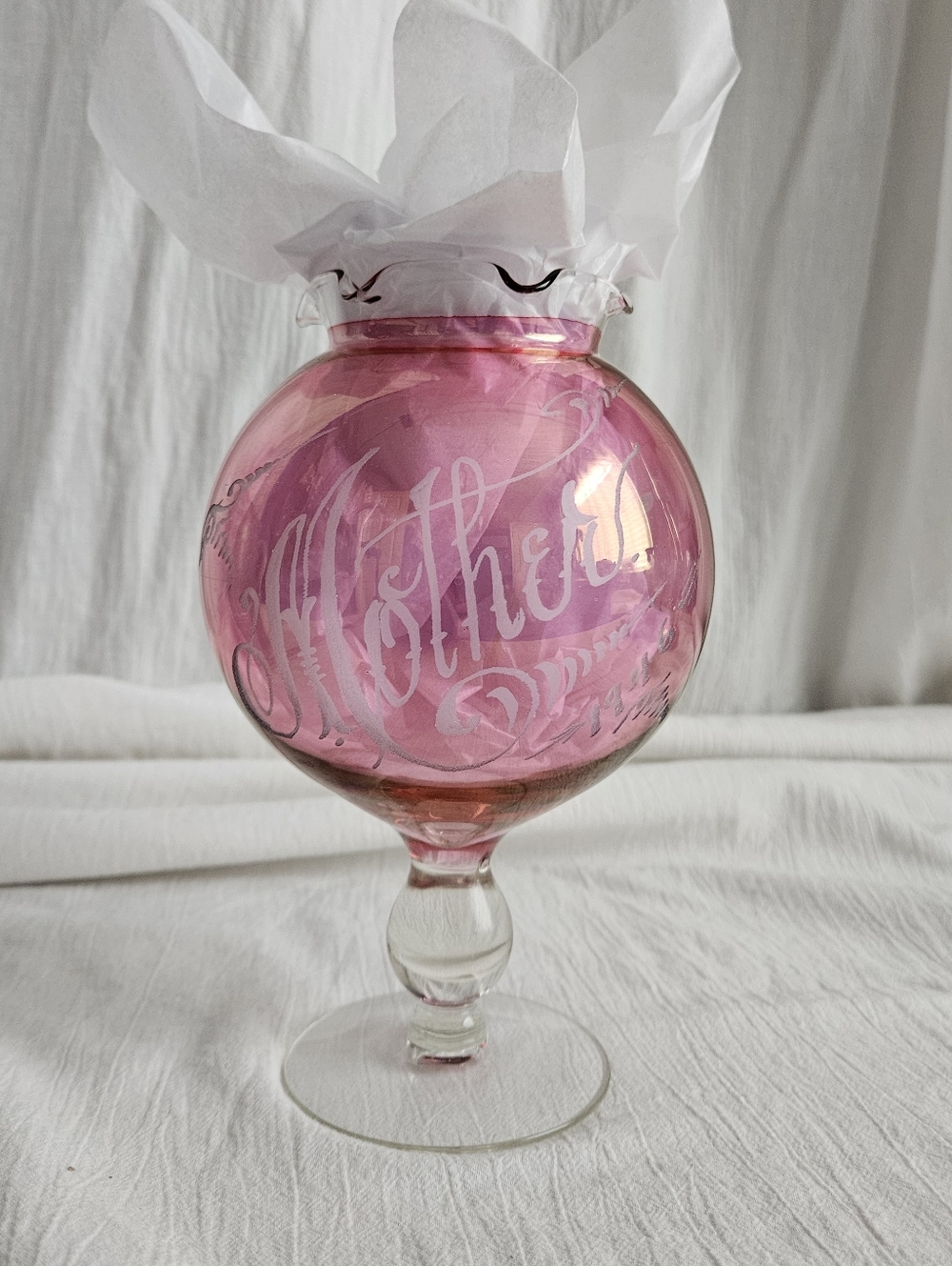 Mother Vintage Rose Bowl Vase Flashed Cranberry Glass Footed Fluted Edge